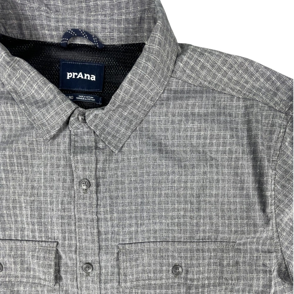Prana Shirt Mens LRG Grey Grid Short Sleeve Button Down Outdoor Hiking Active